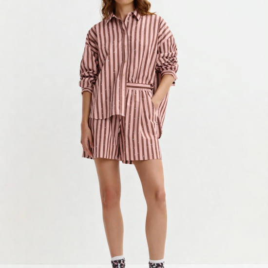 Co ord set of shirt and shorts in pink and white stripe with sparkle detail