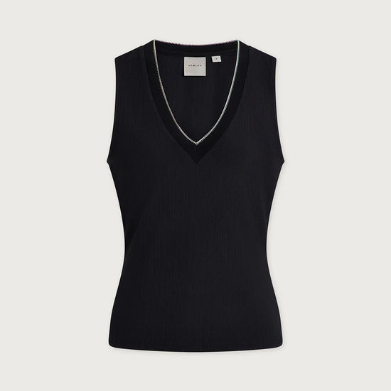 Black sleeveless top on a light gray background