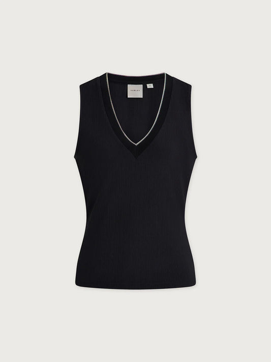 Black sleeveless top on a light gray background