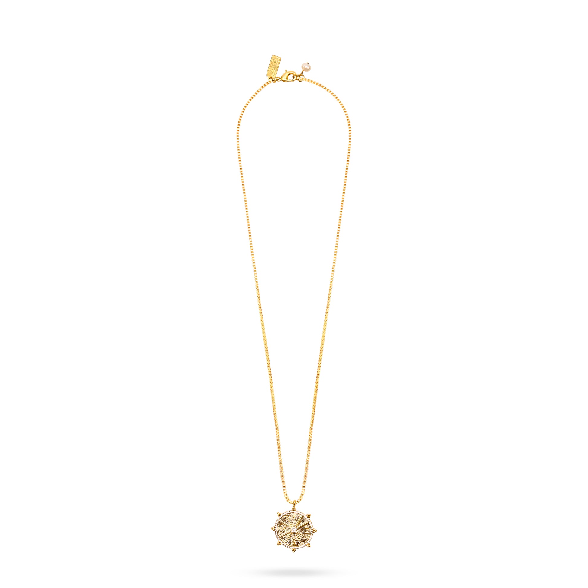 gold compass pendant necklace with delicate gold chain and lobster clasp