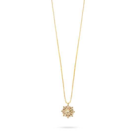 gold compass pendant necklace with delicate gold chain and lobster clasp close up