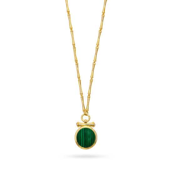 green malachite stone medallion necklace with bamboo chain and lobster fastening  close up
