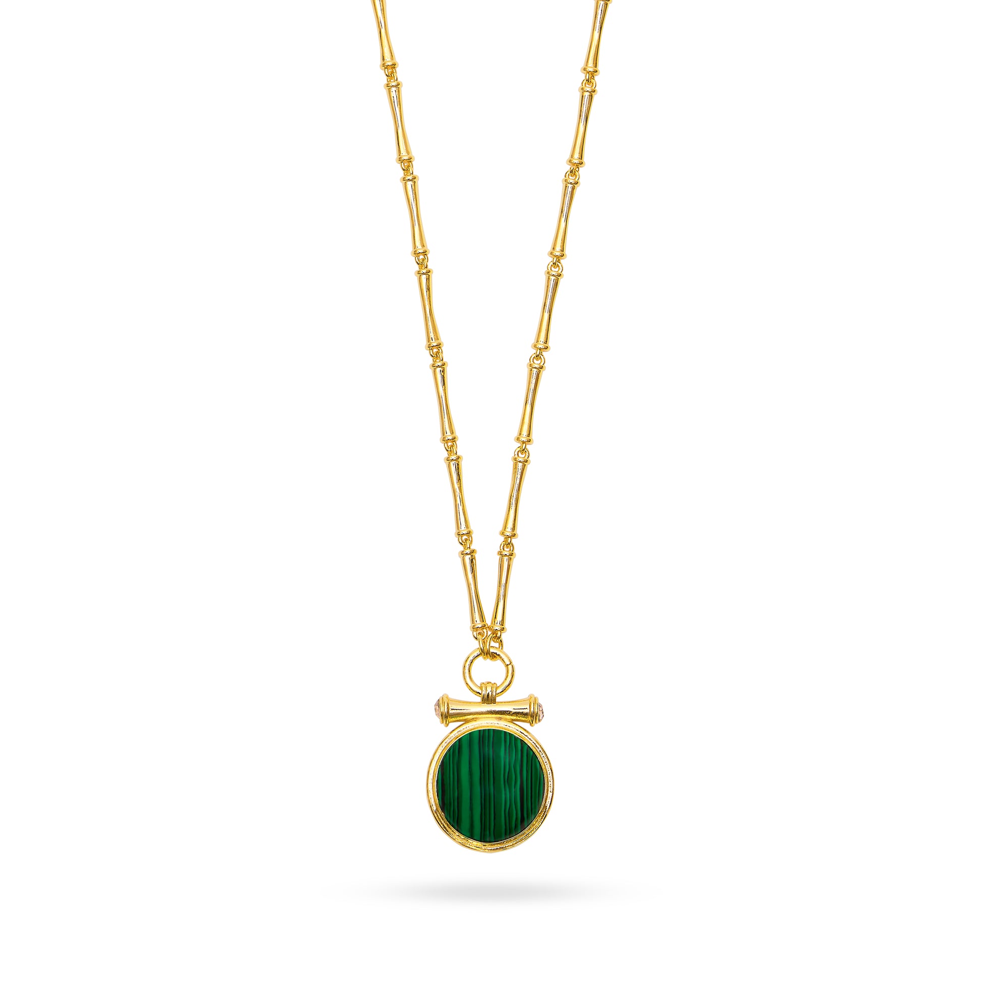 green malachite stone medallion necklace with bamboo chain and lobster fastening  close up