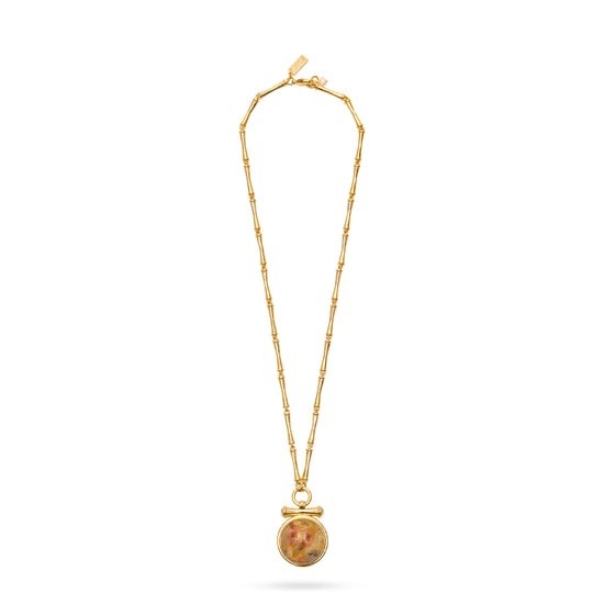 bamboo agate stone medallion necklace with bamboo style gold chain and lobster clasp