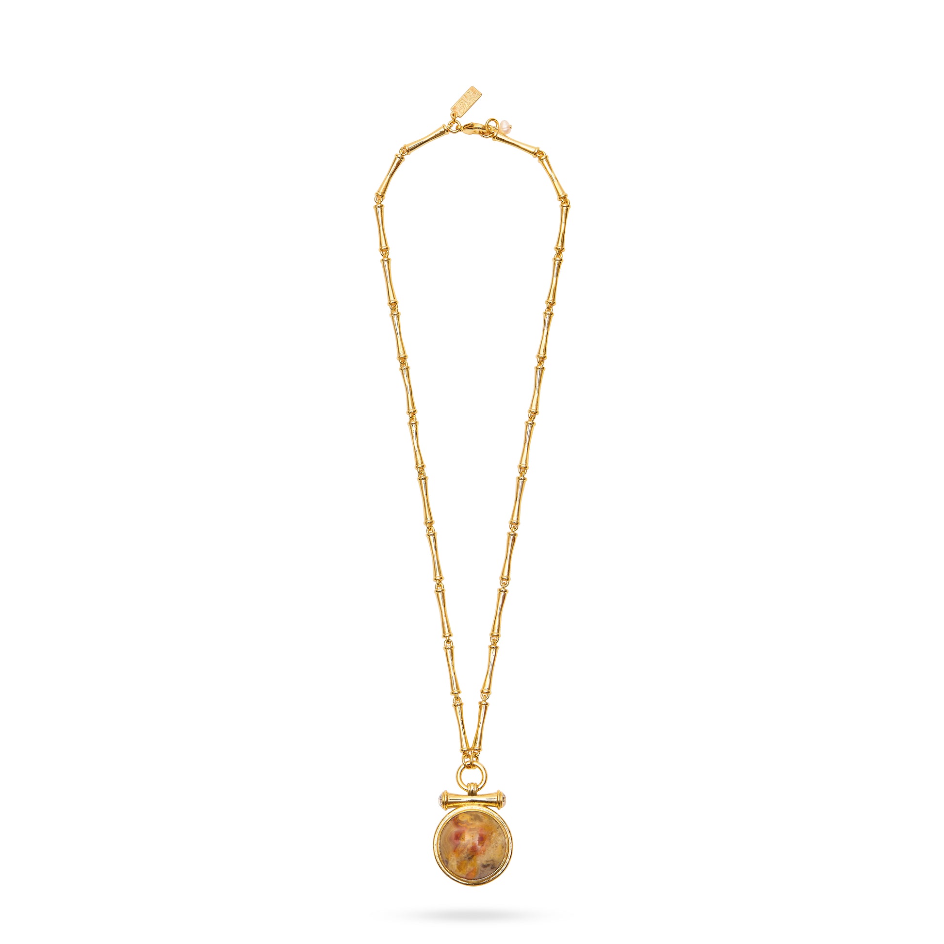 bamboo agate stone medallion necklace with bamboo style gold chain and lobster clasp