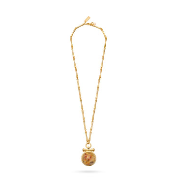 bamboo agate stone medallion necklace with bamboo style gold chain and lobster clasp