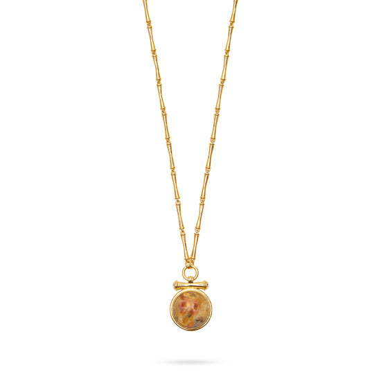 bamboo agate stone medallion necklace with bamboo style gold chain and lobster clasp close up