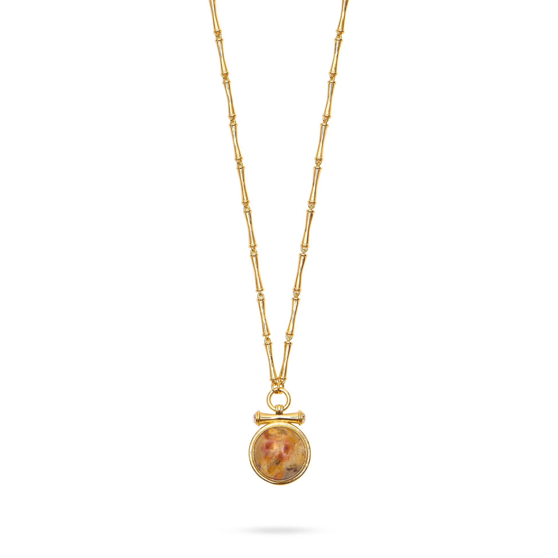 bamboo agate stone medallion necklace with bamboo style gold chain and lobster clasp close up
