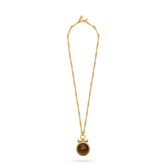 tigers eye medallion pendant necklace with t bar, bamboo style chain and lobster clasp