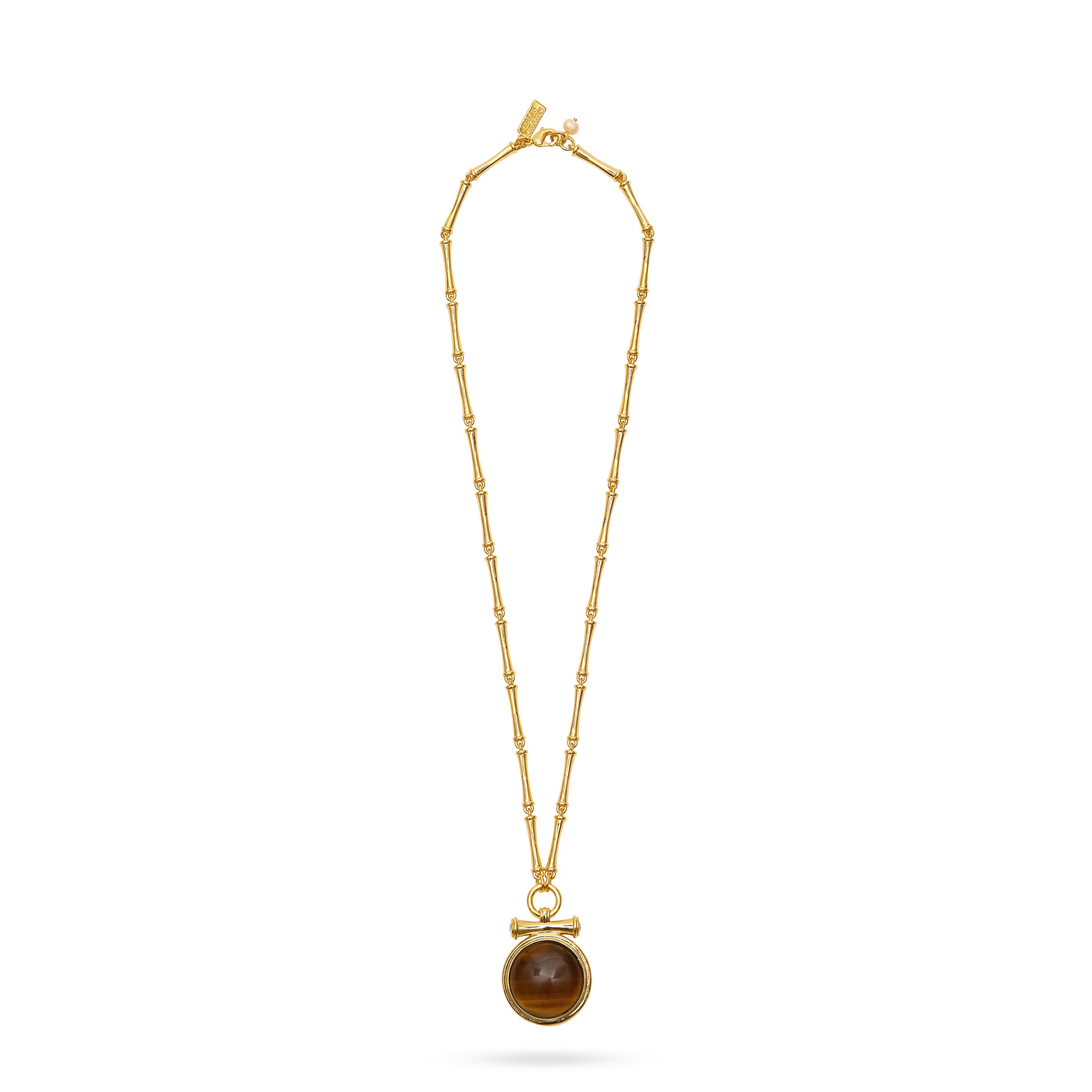 tigers eye medallion pendant necklace with t bar, bamboo style chain and lobster clasp