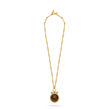 tigers eye medallion pendant necklace with t bar, bamboo style chain and lobster clasp