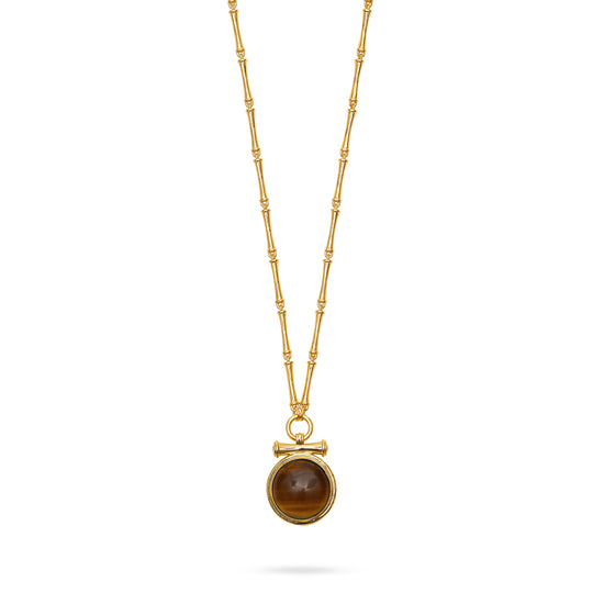 tigers eye medallion pendant necklace with t bar, bamboo style chain and lobster clasp close up
