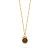 tigers eye medallion pendant necklace with t bar, bamboo style chain and lobster clasp close up