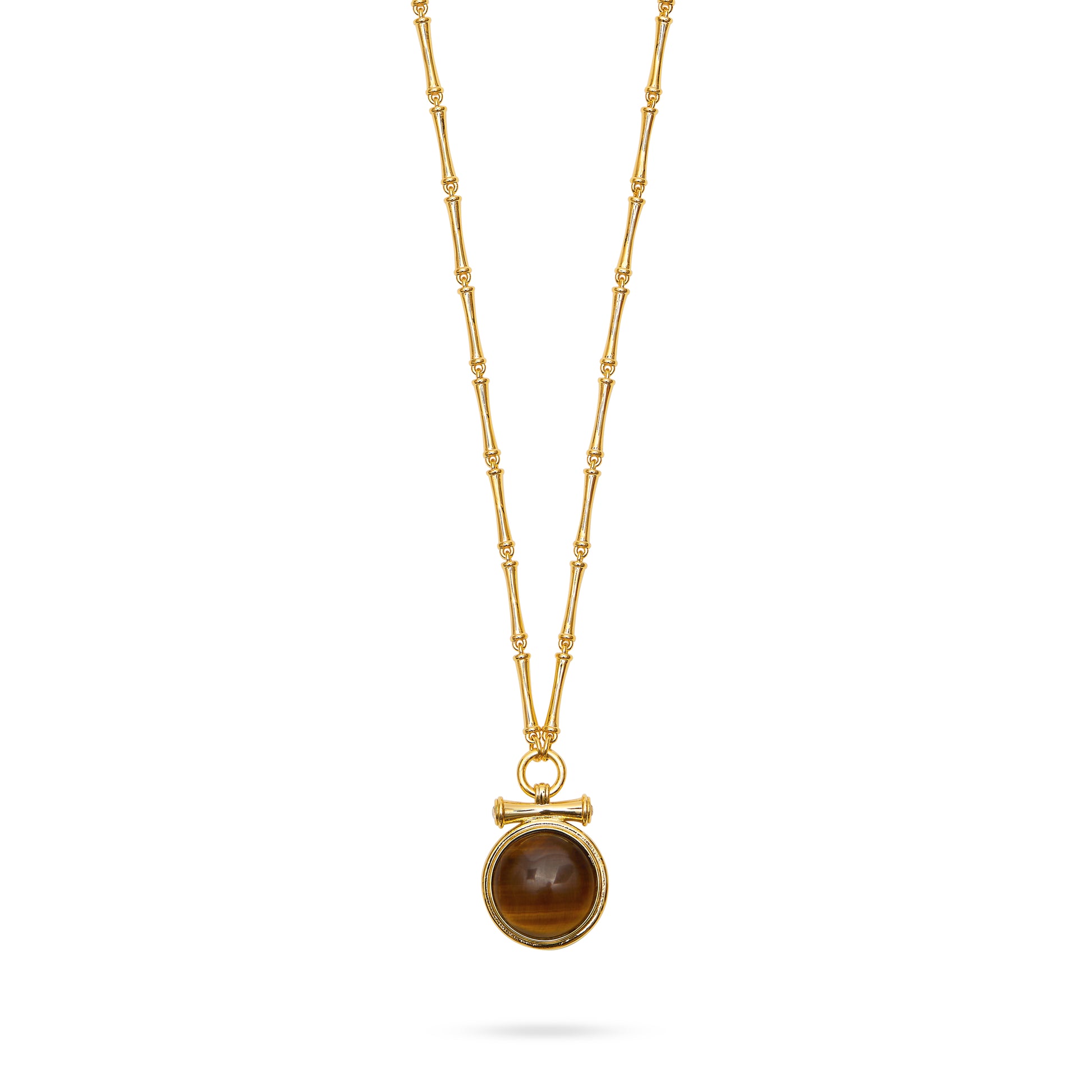 tigers eye medallion pendant necklace with t bar, bamboo style chain and lobster clasp close up
