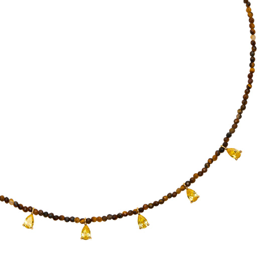 small tigers eye beaded choker necklace with gold nugget charms and lobster clasp close up