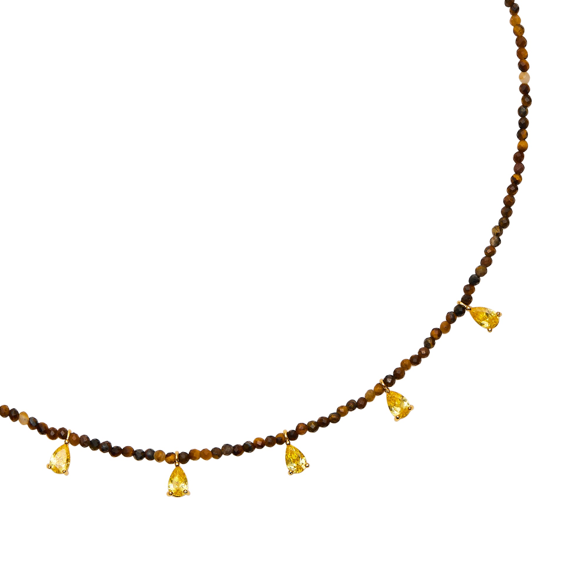 small tigers eye beaded choker necklace with gold nugget charms and lobster clasp close up