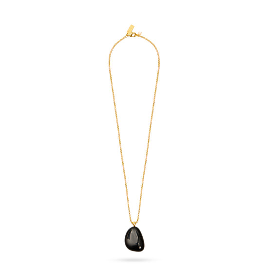 black onyx stone necklace with cz detail on the stone and delicate long gold chain