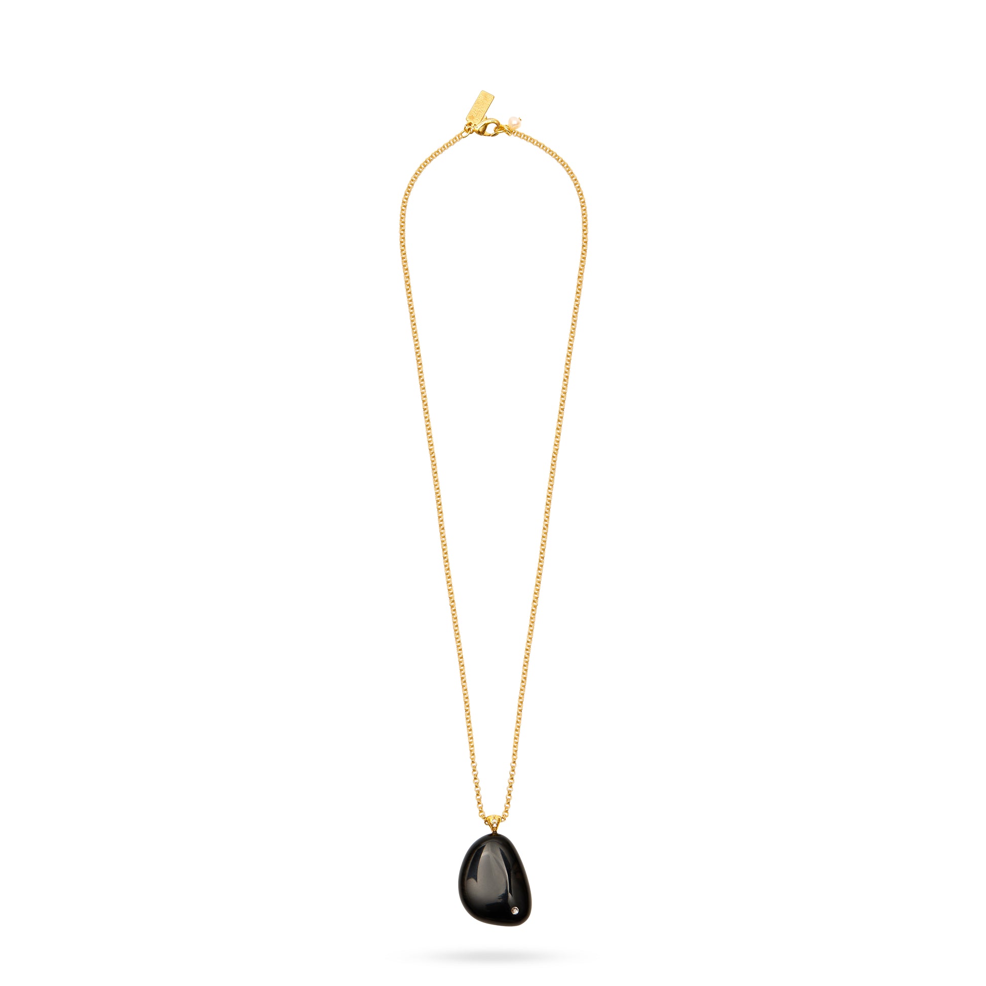 black onyx stone necklace with cz detail on the stone and delicate long gold chain