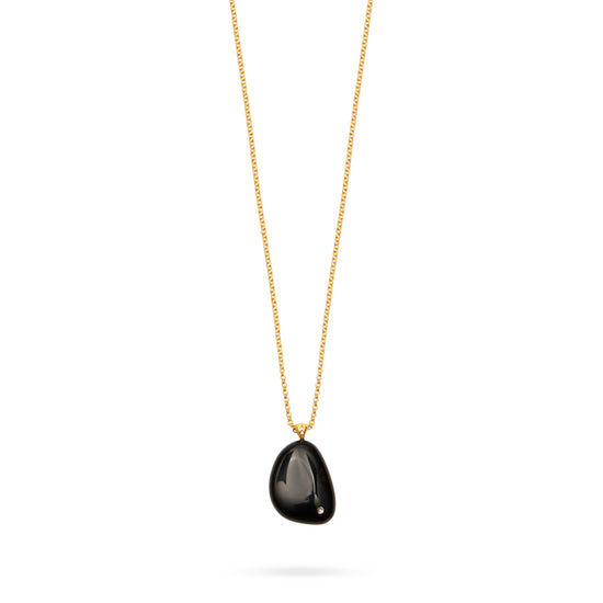 black onyx stone necklace with cz detail on the stone and delicate long gold chain close up