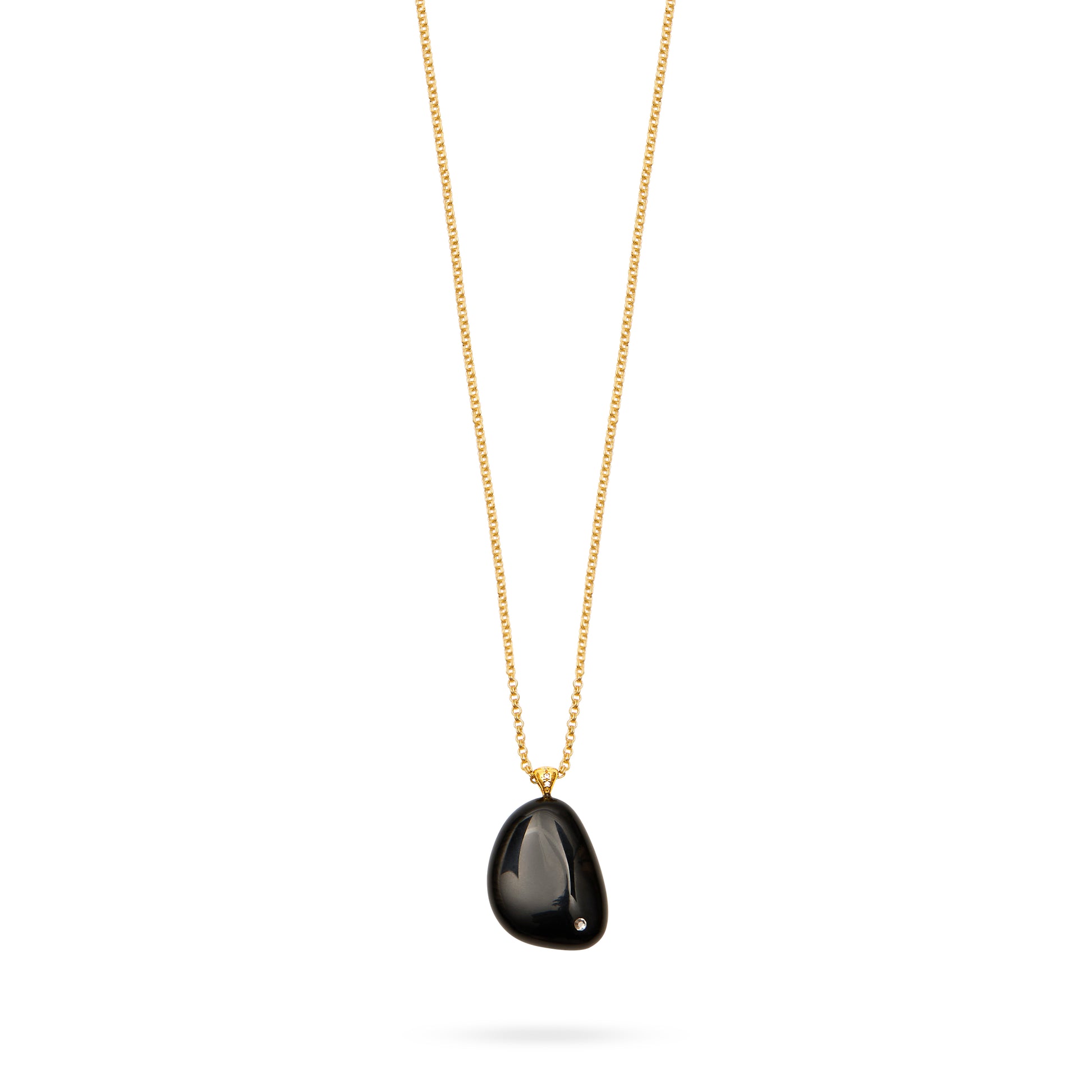 black onyx stone necklace with cz detail on the stone and delicate long gold chain close up