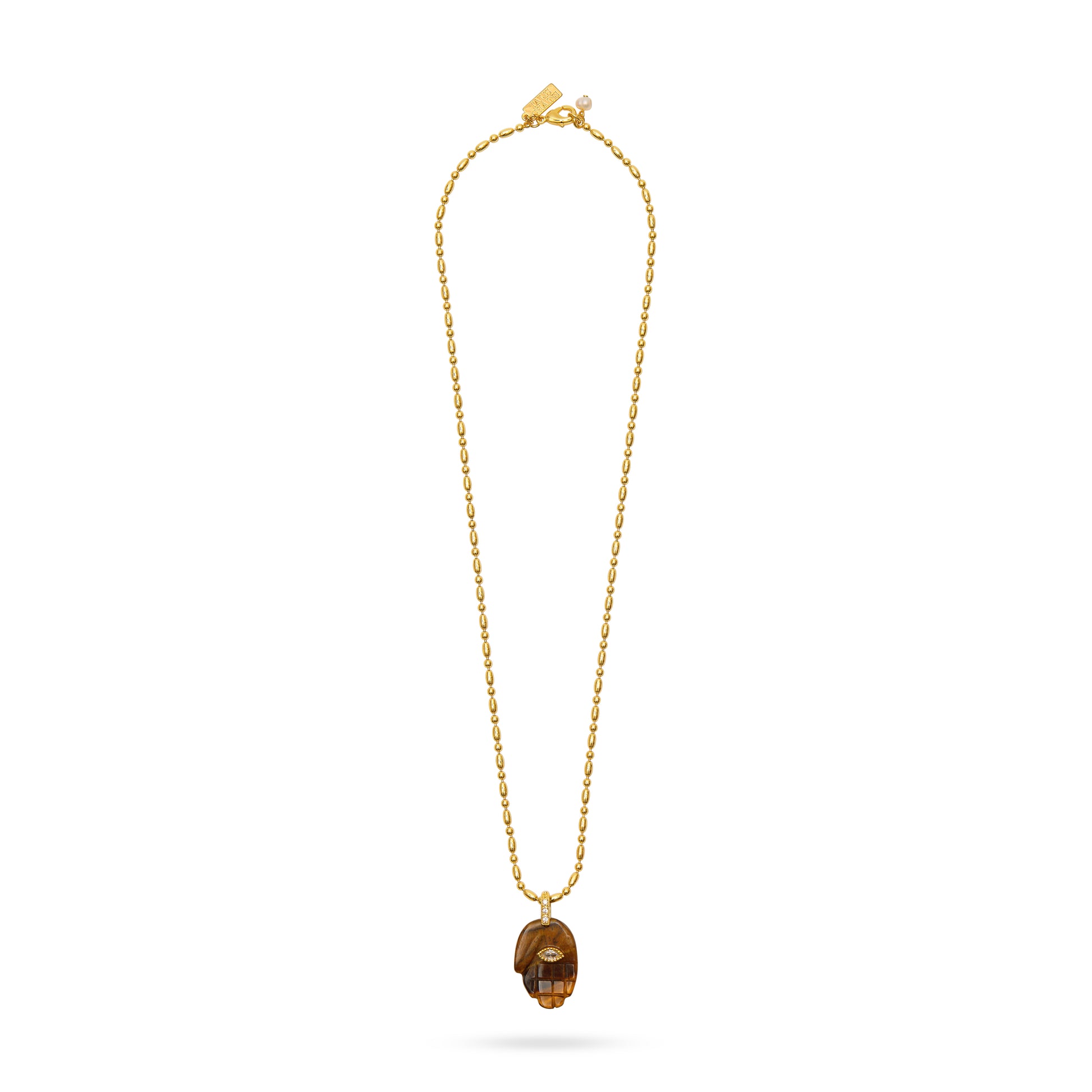 tigers eye hand pendant with evil eye and gold bamboo chain