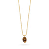 tigers eye hand pendant with evil eye and gold bamboo chain close up