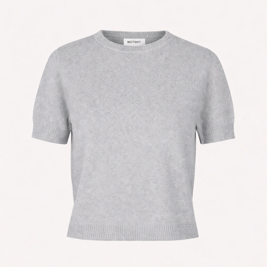 Gray short sleeve cashmere knit sweater on a white background