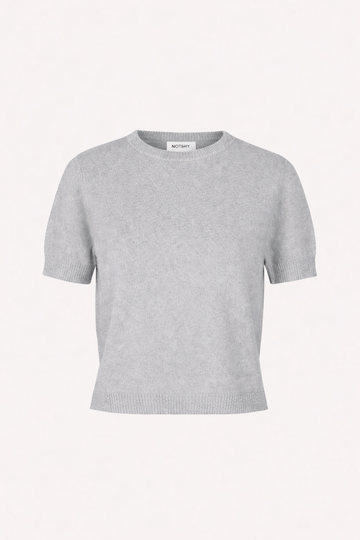 Gray short sleeve cashmere knit sweater on a white background
