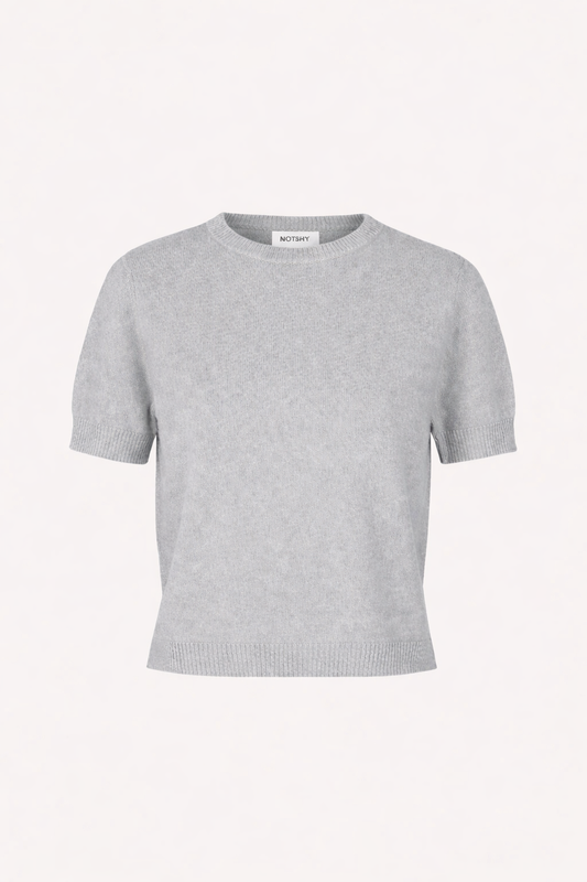 Gray short sleeve cashmere knit sweater on a white background