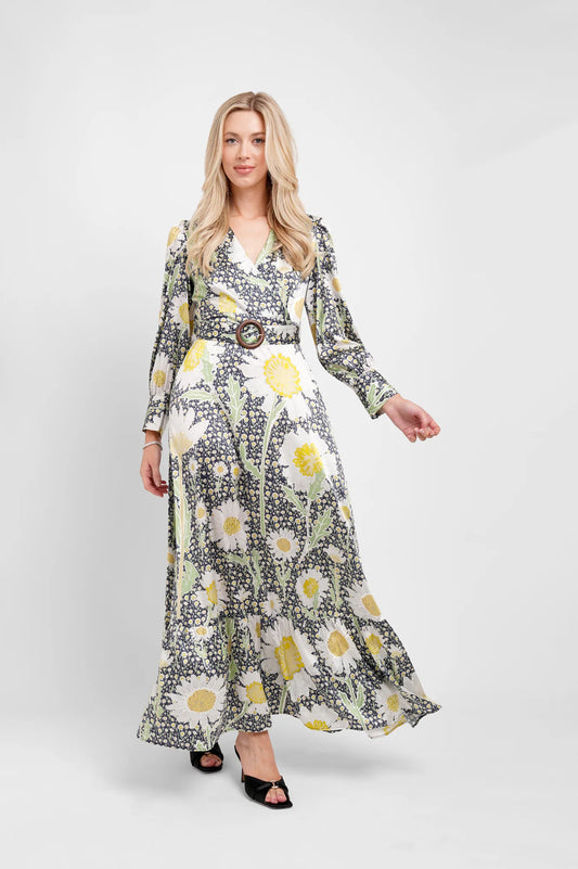 silk belted dress with long sleeves and daisy print