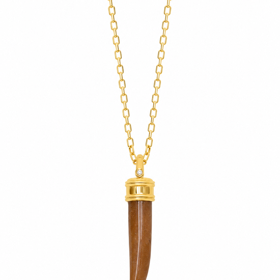 A gold chain necklace featuring a curved brown pendant with a gold cap, displayed against a solid white background.