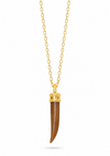 A gold chain necklace featuring a curved brown pendant with a gold cap, displayed against a solid white background.