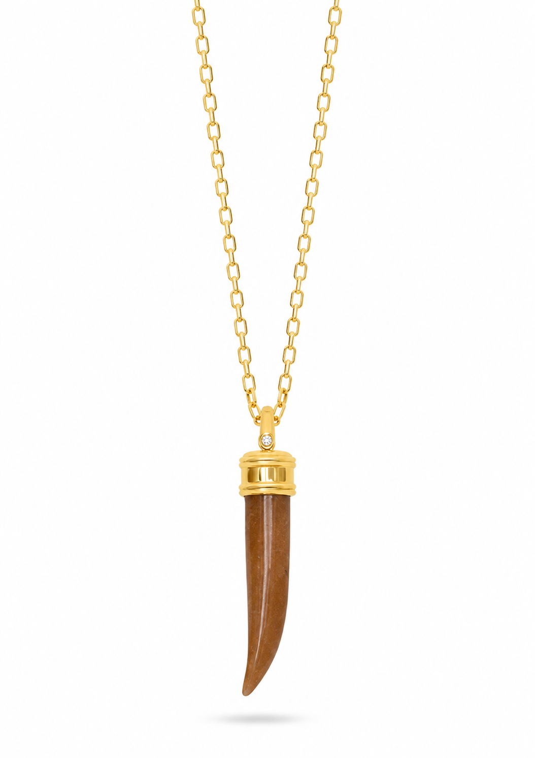 A gold chain necklace featuring a curved brown pendant with a gold cap, displayed against a solid white background.