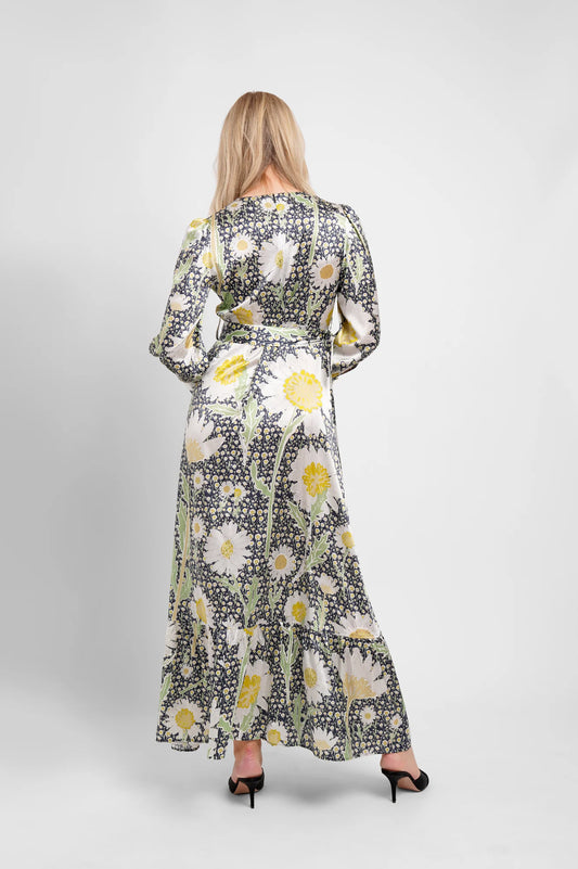 silk belted dress with long sleeves and daisy print rear view