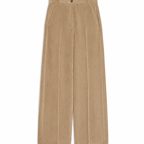 Brown trousers hanging on a wooden rod against a white background
