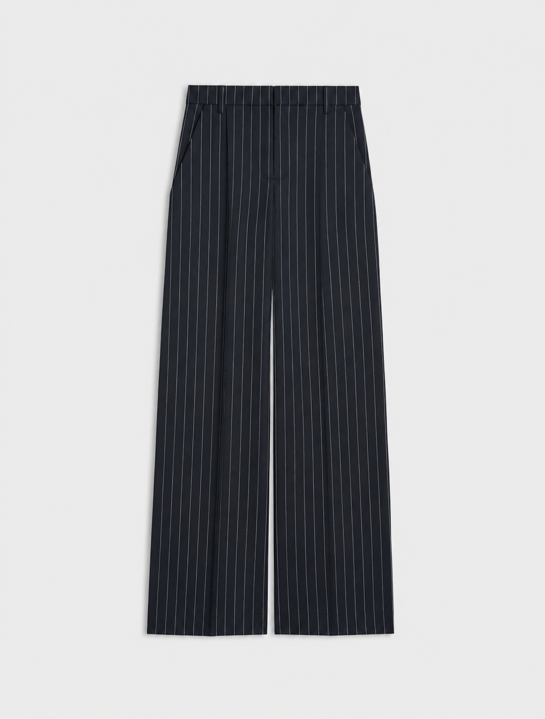 A pair of dark navy blue wide-leg trousers with thin white vertical pinstripes, shown flat against a light gray background.
