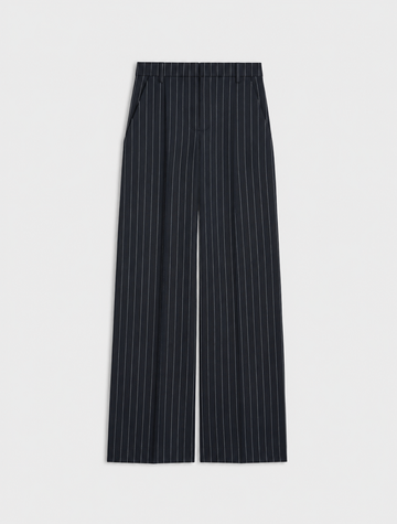 A pair of dark navy blue wide-leg trousers with thin white vertical pinstripes, shown flat against a light gray background.