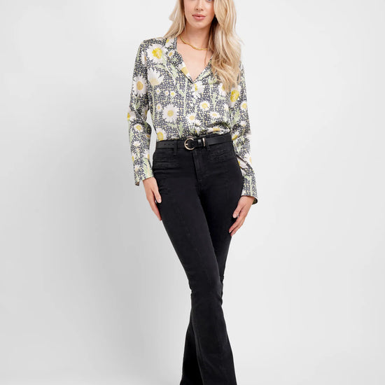 silk blazer shirt with button down and daisy print