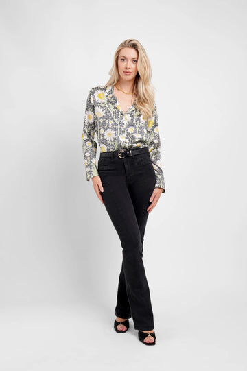 silk blazer shirt with button down and daisy print