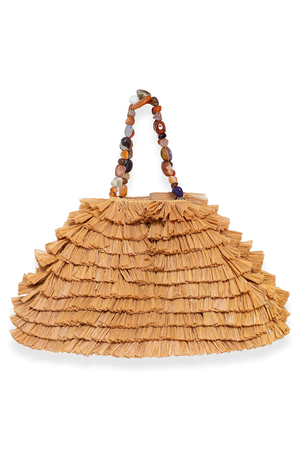 Layered raffia oblong bag with stone beaded handles and gold metallic clip fastening