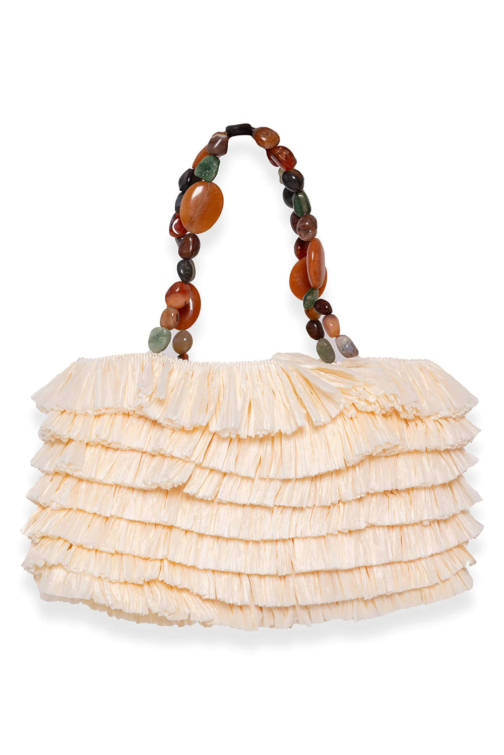 Layered raffia oblong bag with stone beaded handles and gold metallic zip fastening