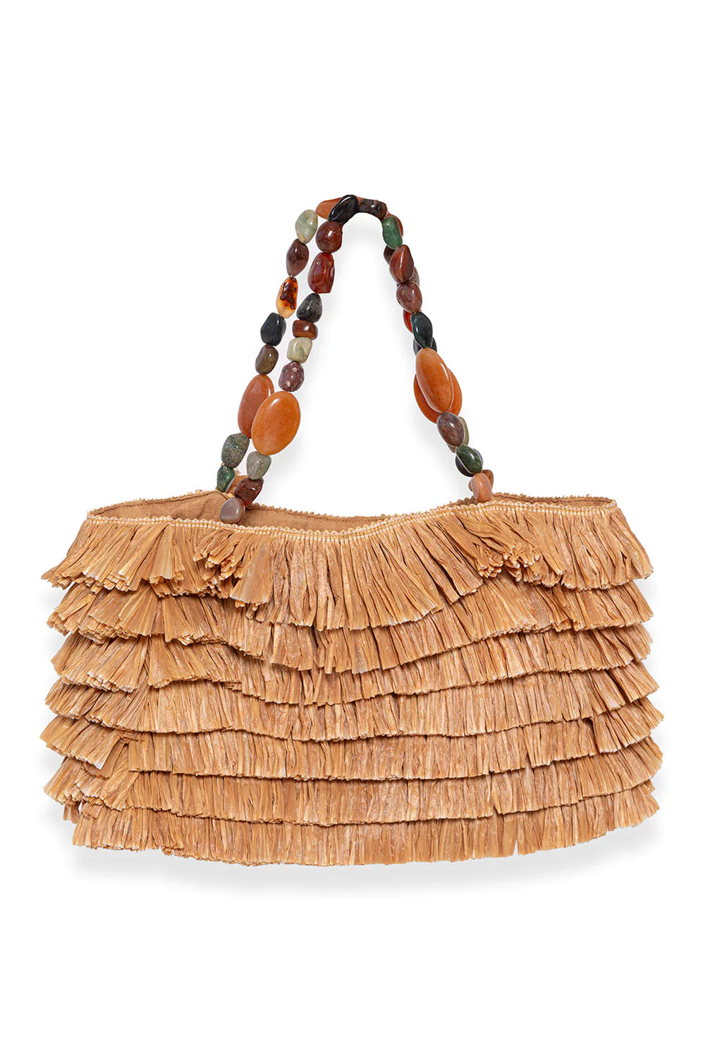 Layered raffia oblong bag with stone beaded handles and gold metallic zip fastening