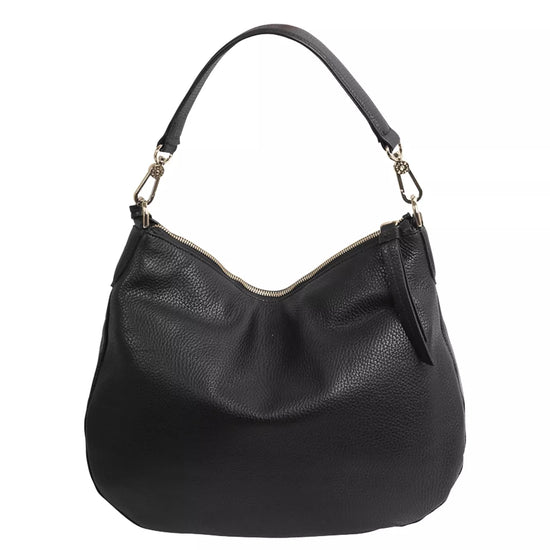 black curved moonshape leather bag with top handle rear