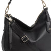 black curved moonshape leather bag with top handle close up