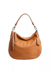 tan leather curved moonshape bag with top handle