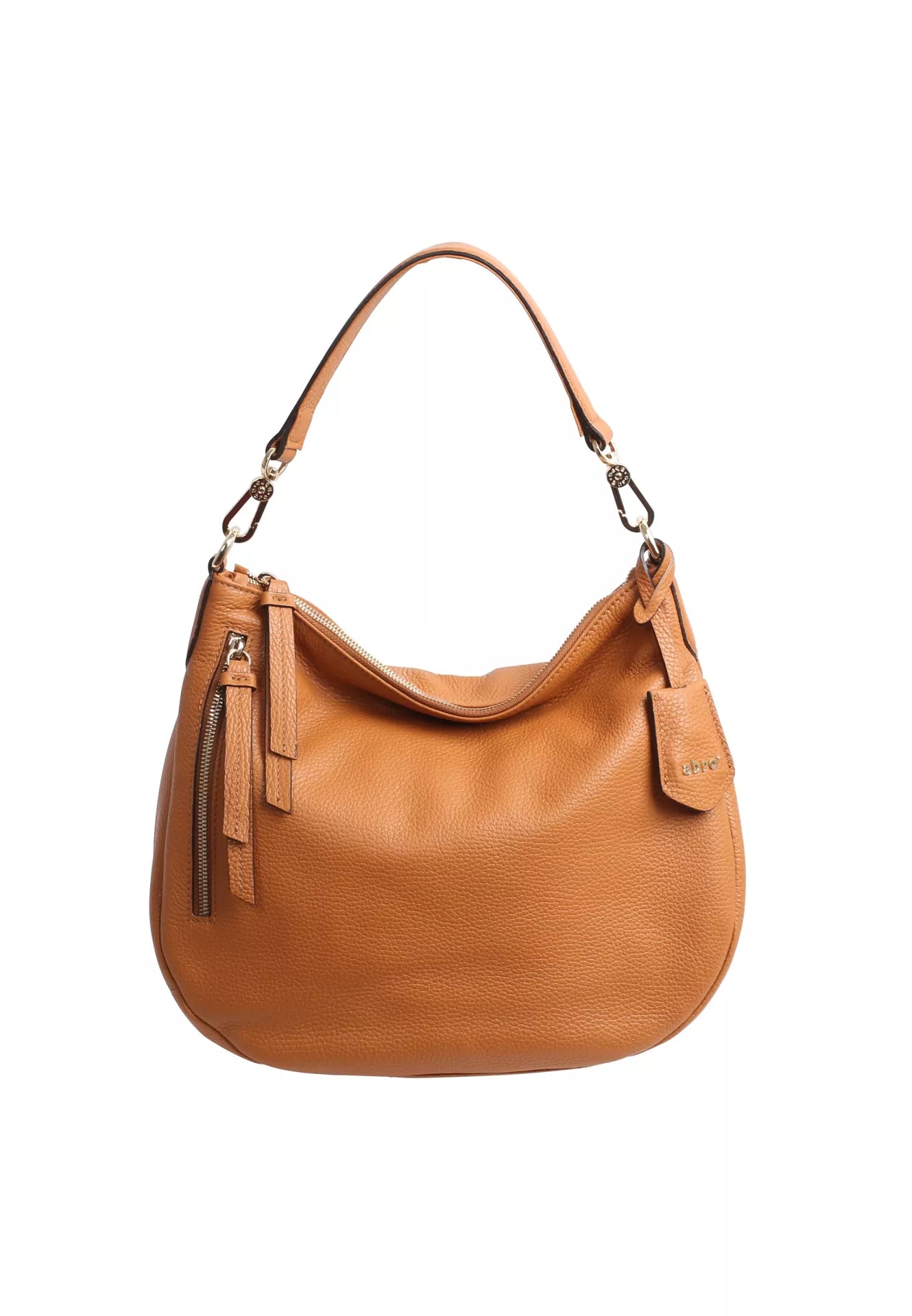 tan leather curved moonshape bag with top handle