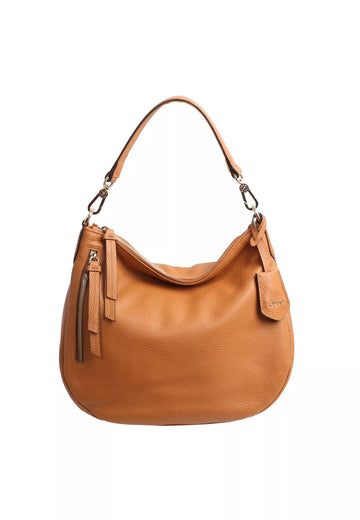 tan leather curved moonshape bag with top handle