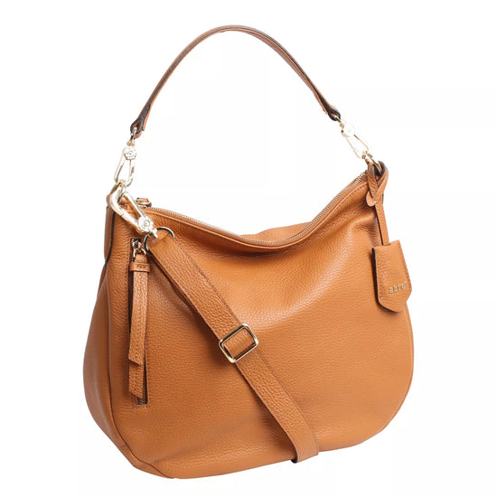 tan leather curved moonshape bag with top handle side