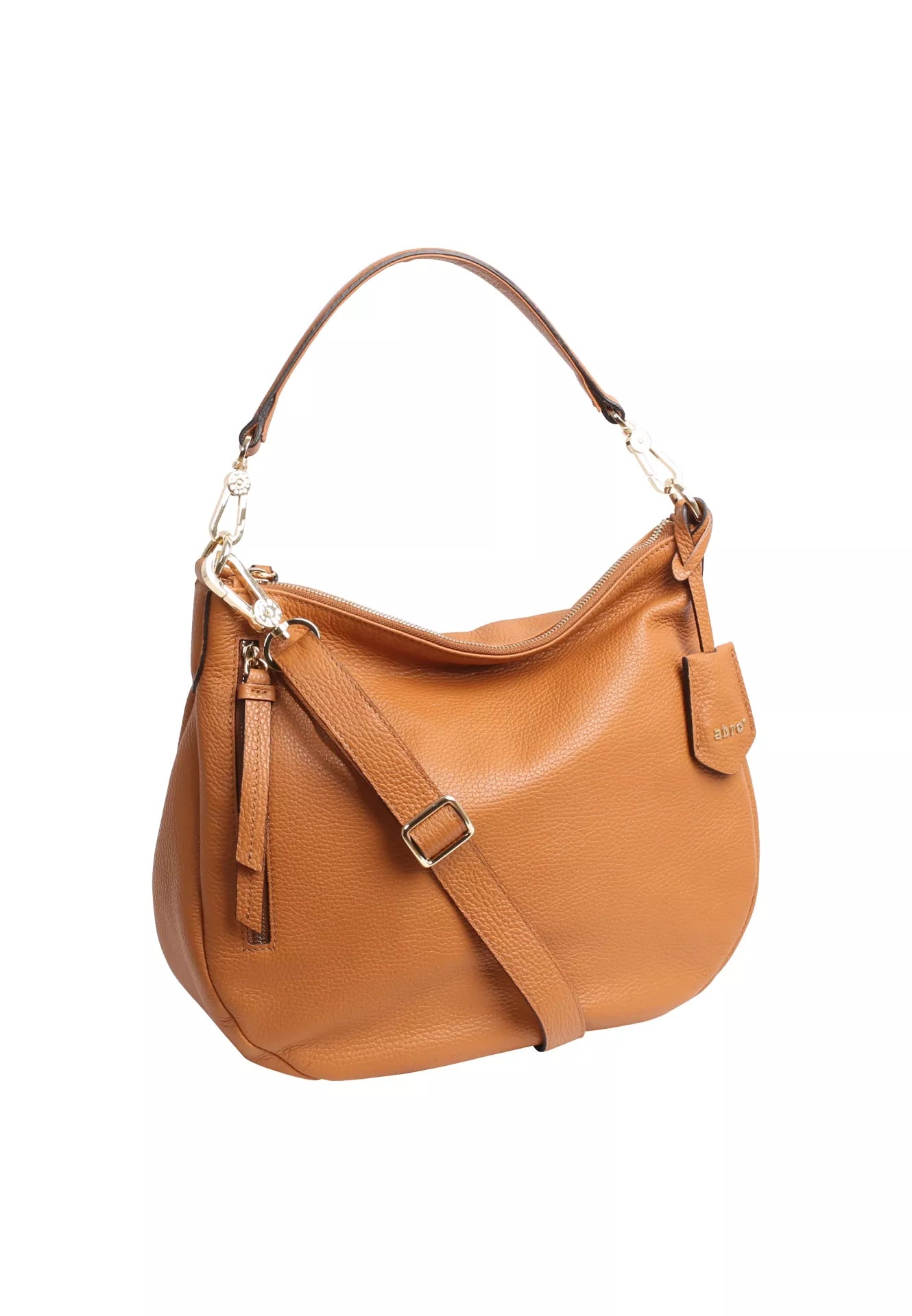 tan leather curved moonshape bag with top handle side