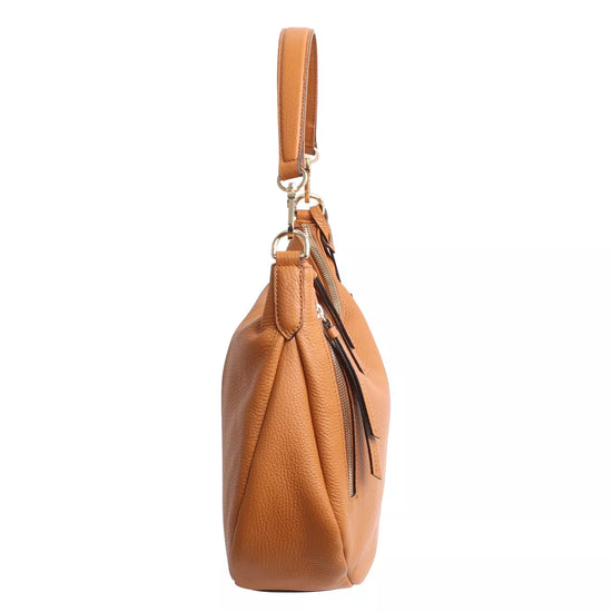 tan leather curved moonshape bag with top handle side